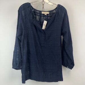 LOFT Blouse Women's Small Navy Sheer Plaid 3/4 Sleeve Lightweight NWT